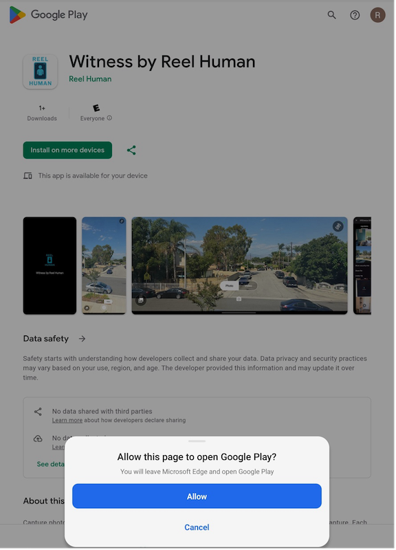 Google Play prompt for Witness POC